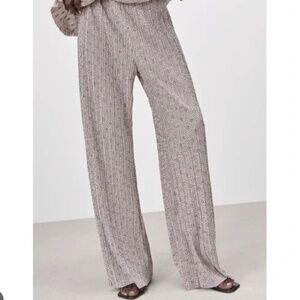 ZARA wide leg elastic waistband pleated jacquard pants Sz M